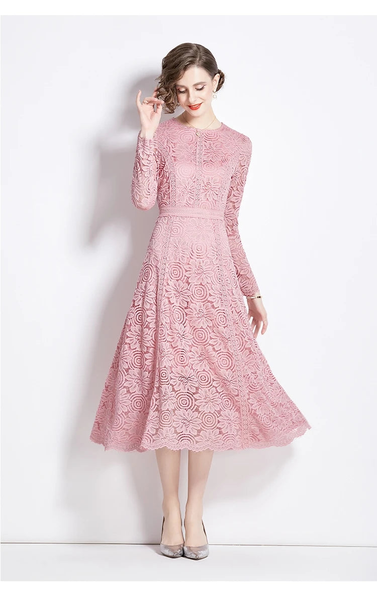 High Quality Pink and Yellow Lace Long Sleeve A-line Elegant Dress