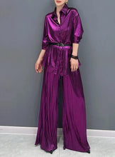 Two Piece Sets Shiny Pleated Long Shirt with Belt Wide Leg Pants High Quality