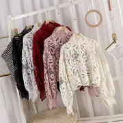 High Quality Transparent Elegant Hollow Out Long Sleeve Lace Blouse