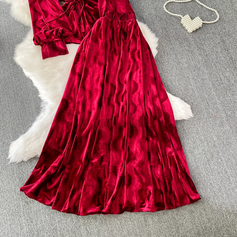 Autumn Velvet Skirt Two-piece Set V-neck Single Breasted Shirt Jacquard Skirts Suit  French Elegant Fashion Women Matching Sets