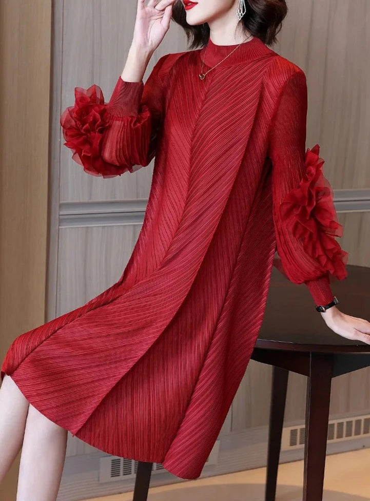 Women's Ruffle Mesh Pleated Midi Dress Long Sleeve Half High Neck Vintage Style Elegant High Quality