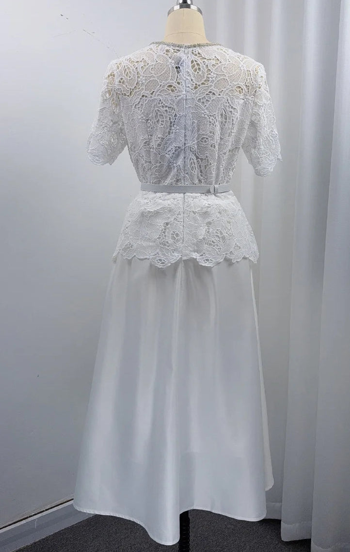 Elegant Beading Diamond Luxury Embroidery Prom Evening Dress Women Summer Short Sleeve Hollow Out Lace Patchwork Belt Long Dress