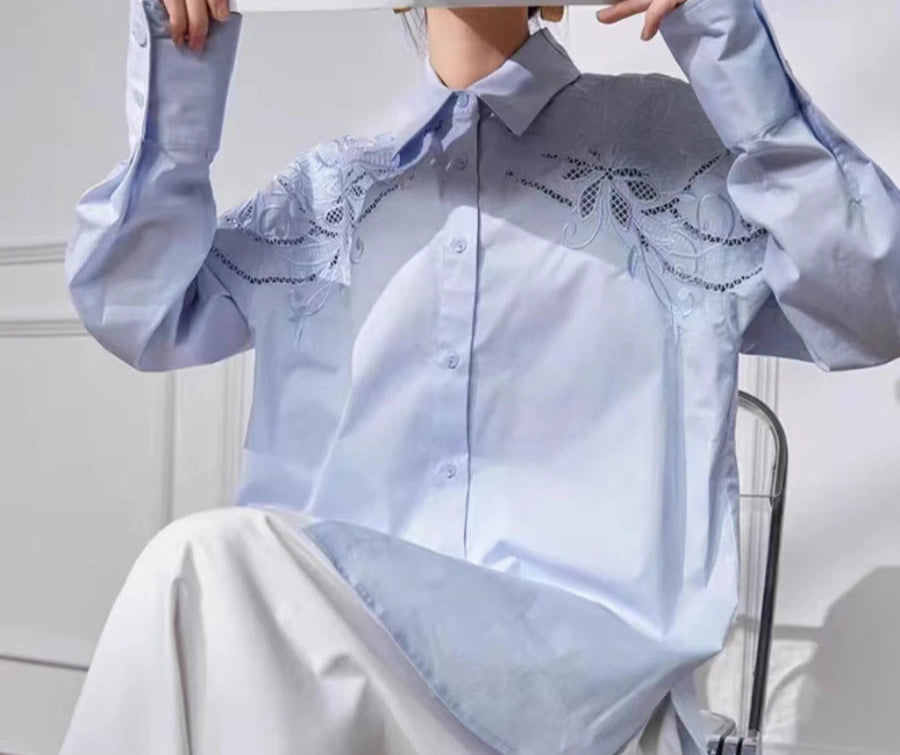High quality mid-length flower openwork embroidery cotton shirt