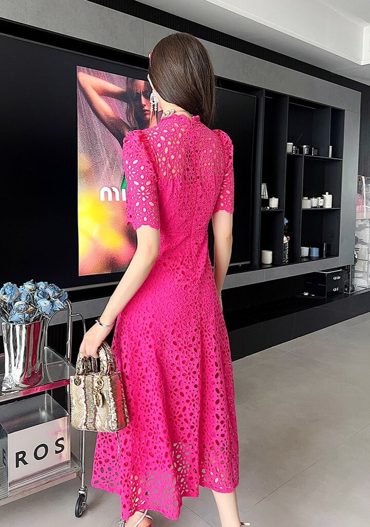 High Quality Three Quarter Sleeve Embroidered Fuchsia Long Elegant Midi Dress