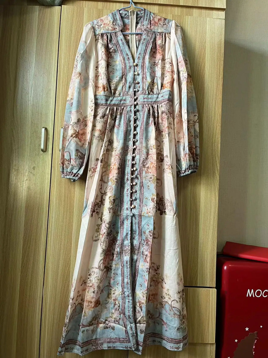 High Quality Vintage Style Long Patchwork Print Long Sleeve Dress