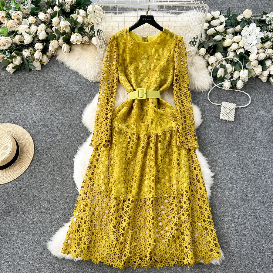 High Quality Slim Belt Long Sleeve Round Neck Lace Long Dress