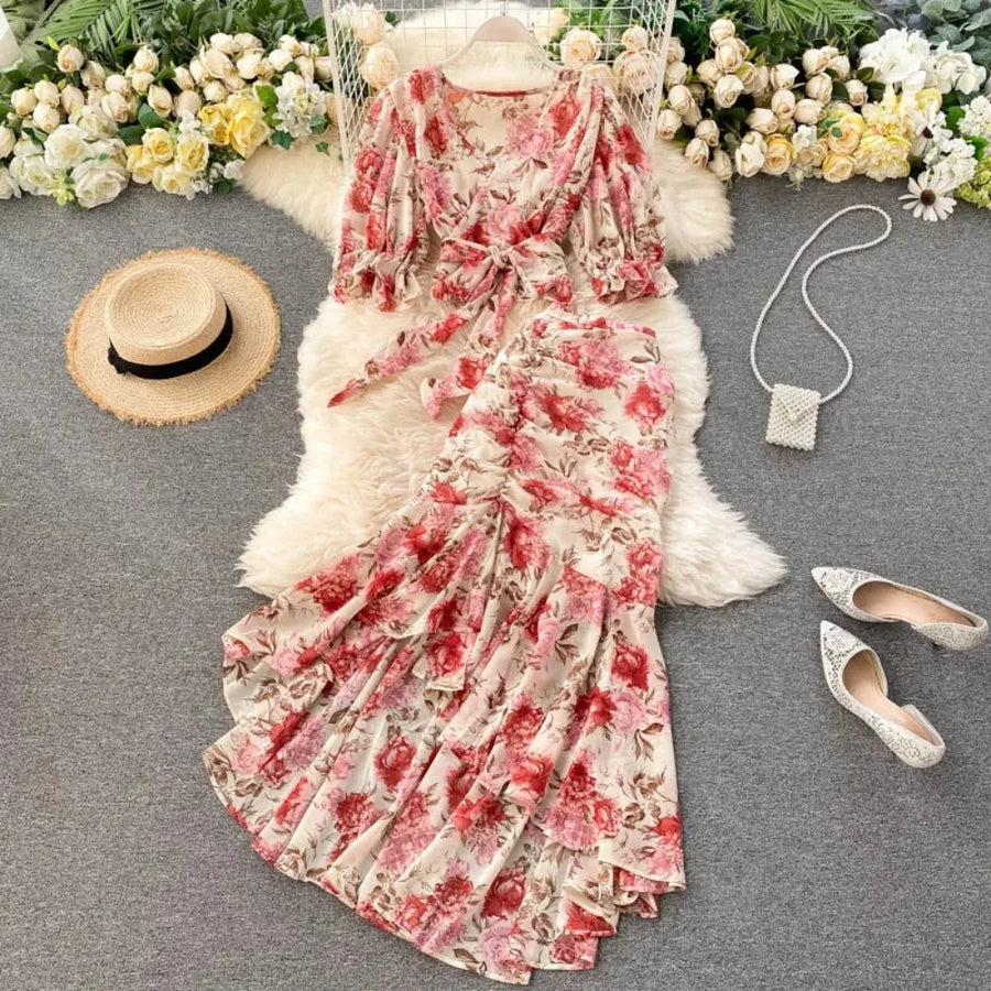 Sexy Two Pieces Sets Chic Bandage chiffon Shirt Top with sweet High Waist mermaid Skirt Beach Vacation Sets