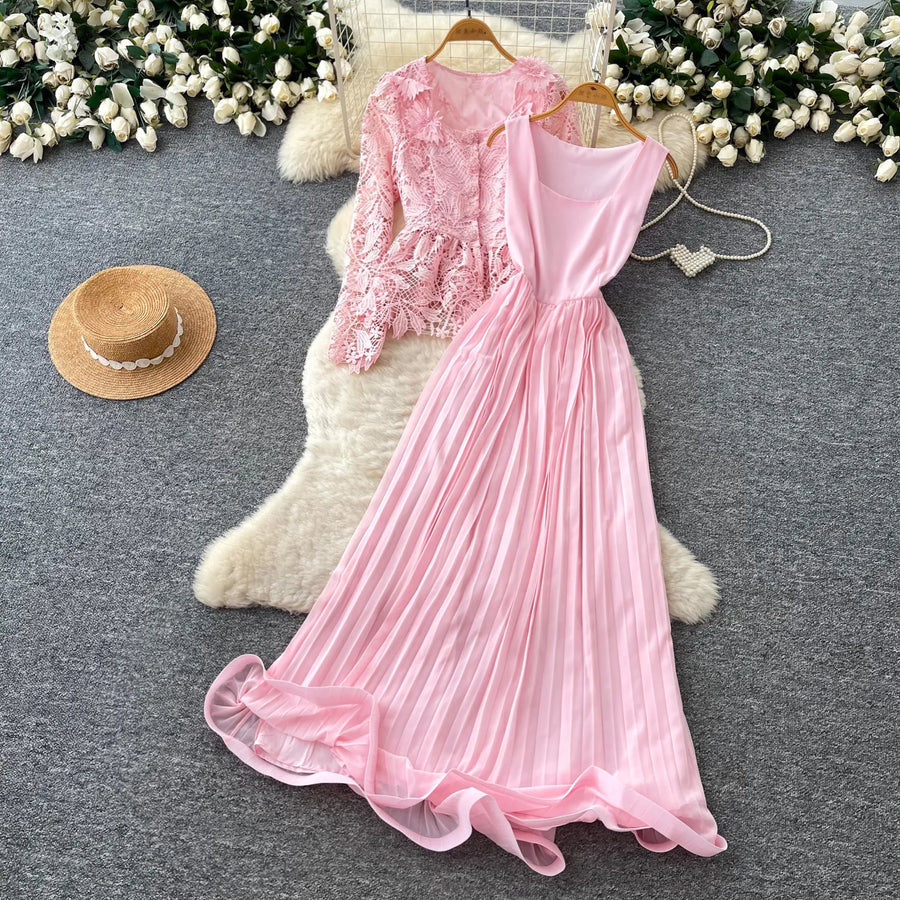 Lace Ruffle Camis Midi Dress Two Pieces Sets V Neck Top  Vintage   Tulle Pleated  Skirt   High Waist A-line Skirt Fall Sets