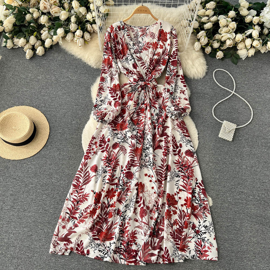 High Quality Multi Colors V Neck A-Line Floral Long Sleeve Dress