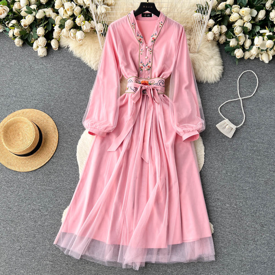 High Quality Pearl Button V Neck Long Sleeve Lace Up Patchwork Mesh Dresses