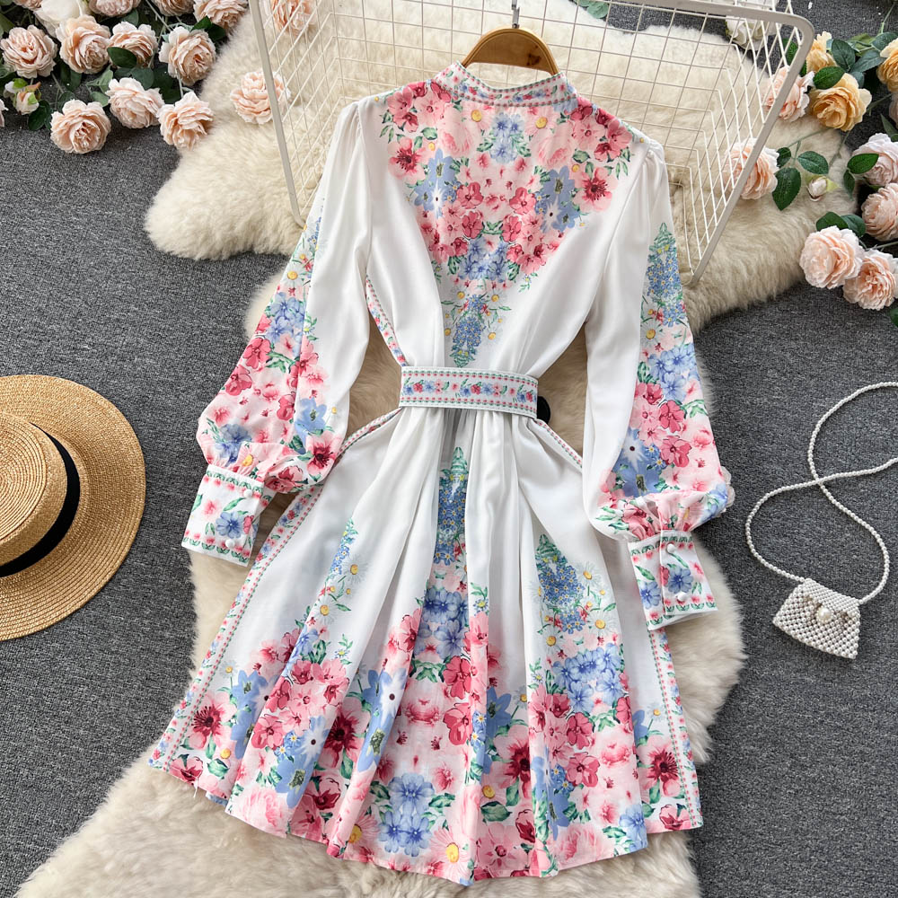 High Quality Belted High Neck Lantern Sleeves Long Floral Dress