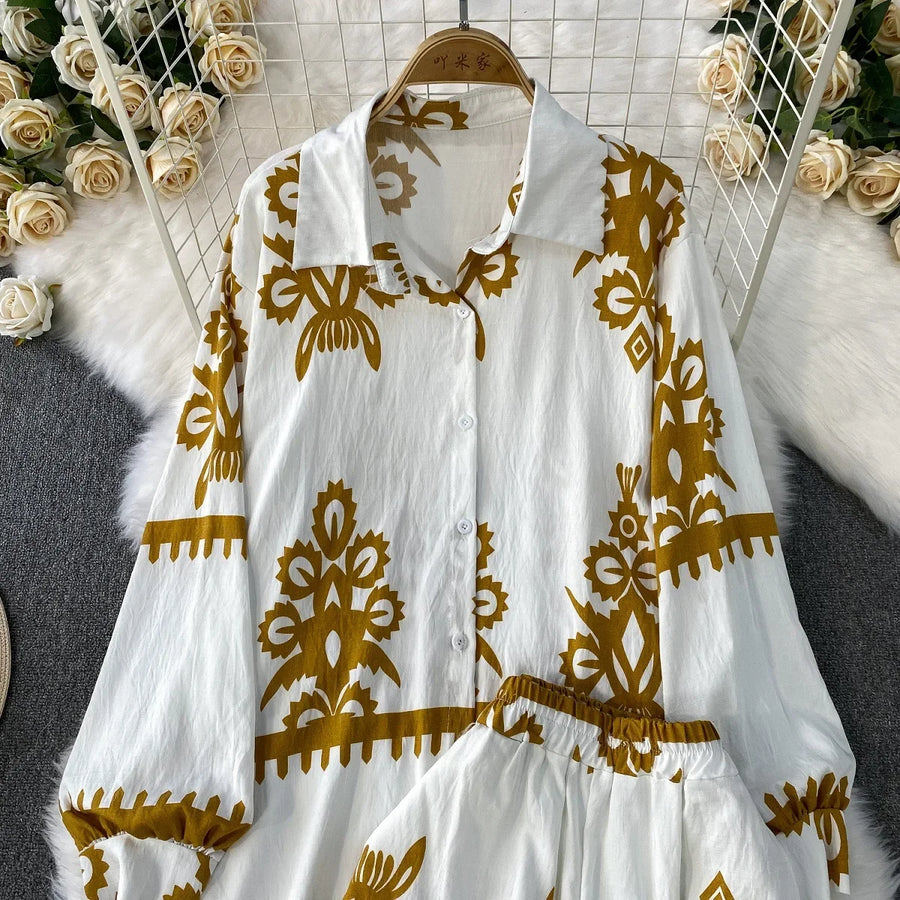 Women Two Piece Skirt Sets Shirt Muslim Suits Shirt Tops Full Sleeve Solid Wide Leg Pant Long Elegant Elastic Waist Summer 2025