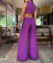 Sleeveless Round Neck Nude Waist Jumpsuit with Wide Leg Pants High Quality