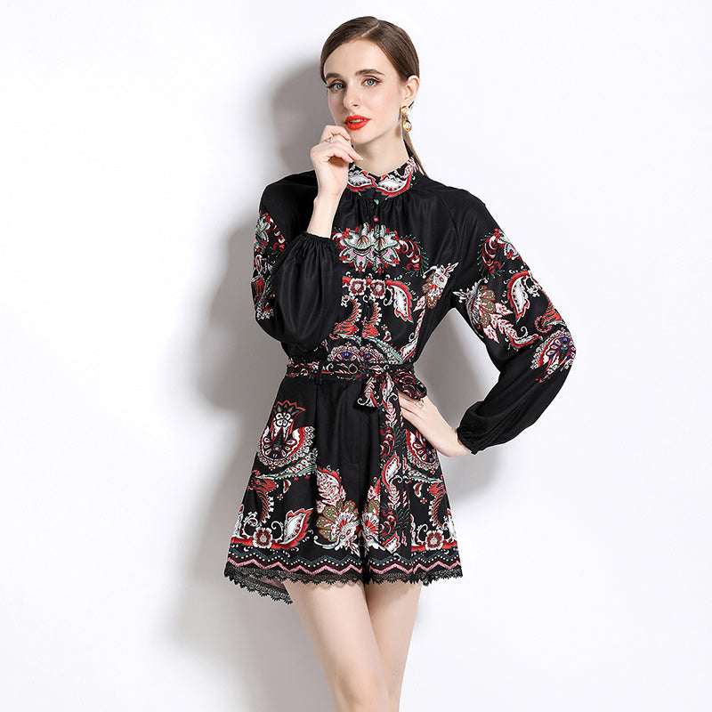 Paisley Flower Print 2 Piece Suit Stand Collar Loose Fit Shirt + Lace Trim Shorts High Quality