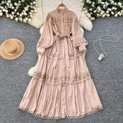 Elegant retro style slit maxi dress with pearl buttons and high-quality crochet embroidery