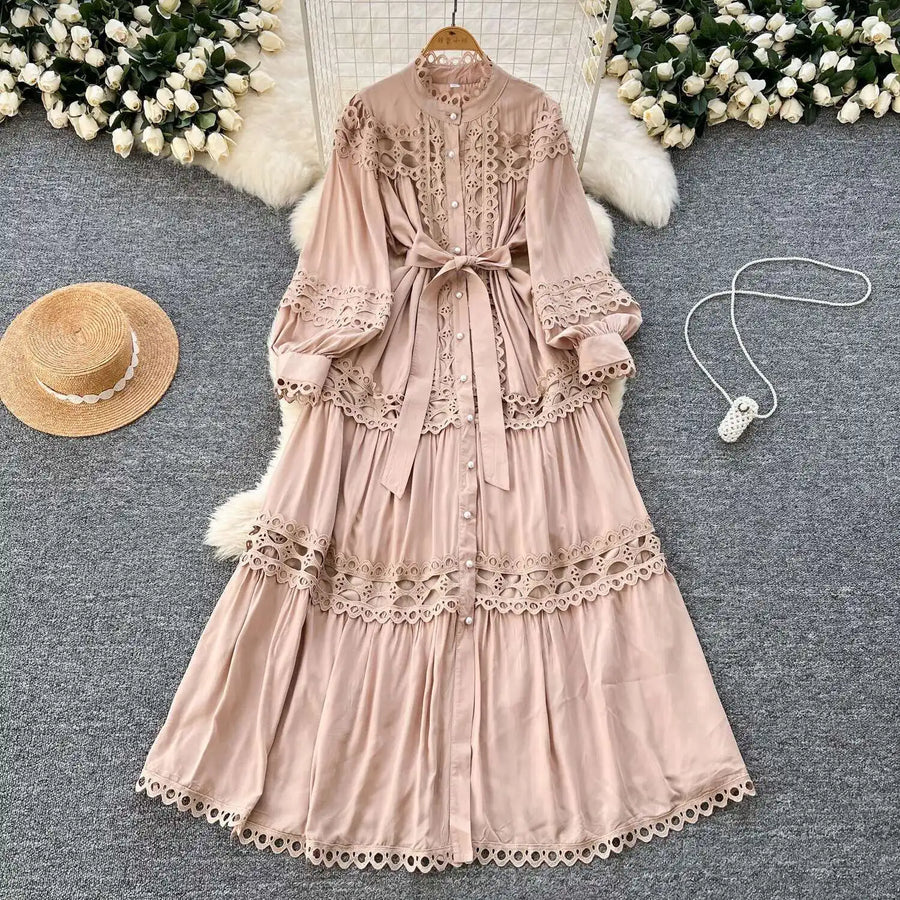 Elegant retro style slit maxi dress with pearl buttons and high-quality crochet embroidery