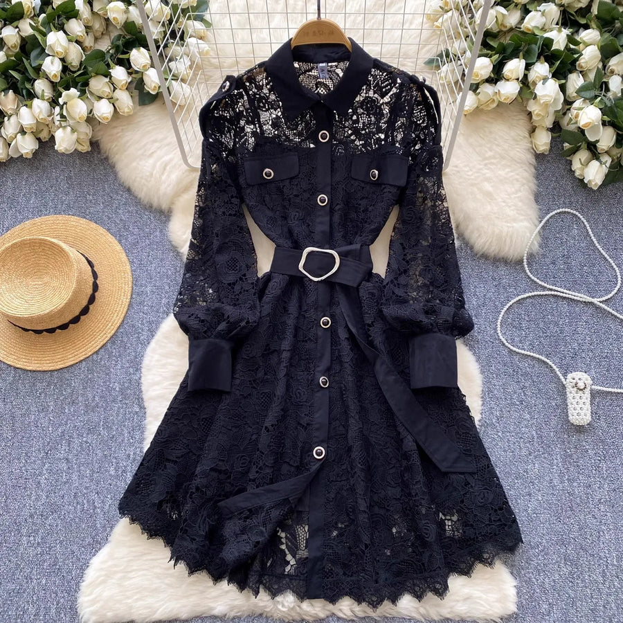 Lace openwork dress with flower embroidery and hook long sleeves, buttons with turn-down collar with high-quality belt