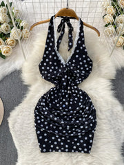Elegant Sexy Lace Trim Knot V-Neck Halter Woman Dress Summer Ruffle Mesh Polka Dot Mini Woman Party Club Daily Streeywear Dress