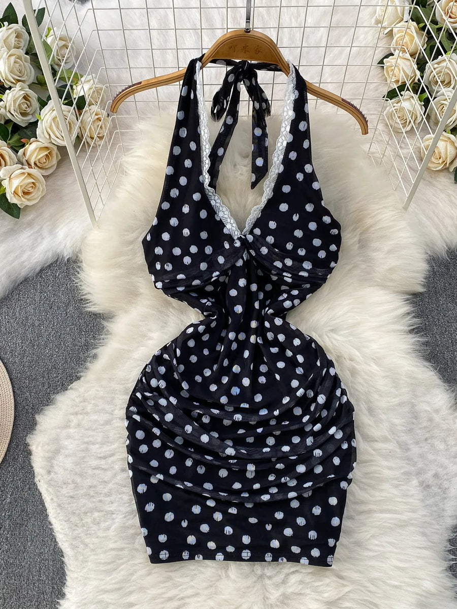 Elegant Sexy Lace Trim Knot V-Neck Halter Woman Dress Summer Ruffle Mesh Polka Dot Mini Woman Party Club Daily Streeywear Dress