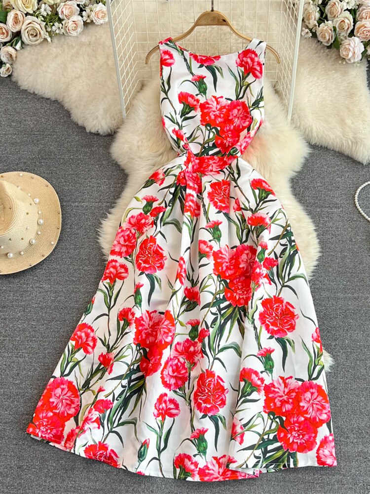 High Quality O Neck Sleeveless Floral Midi Dress