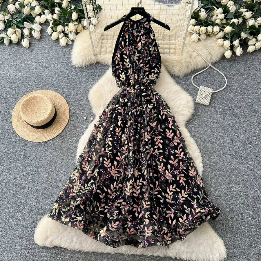 Summer Women's Halter Sleeveless Holiday Dress Luxury Sequins Beading 3D Embroidery Flower Elegant Pearl Belt Party Vestidos