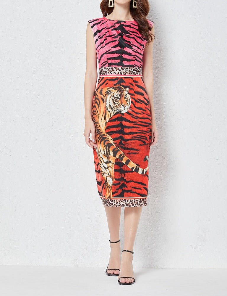 High Quality Vintage High Waist Sleeveless Leopard Dress