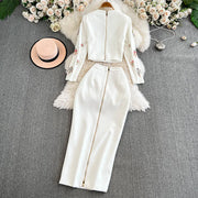 Luxury Style Two Piece Set For Women O Neck Long Sleeve Topa High Waist Skinny A Line Skirt Set Female