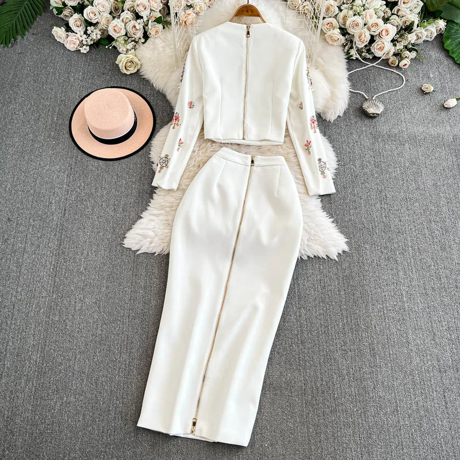 Luxury Style Two Piece Set For Women O Neck Long Sleeve Topa High Waist Skinny A Line Skirt Set Female