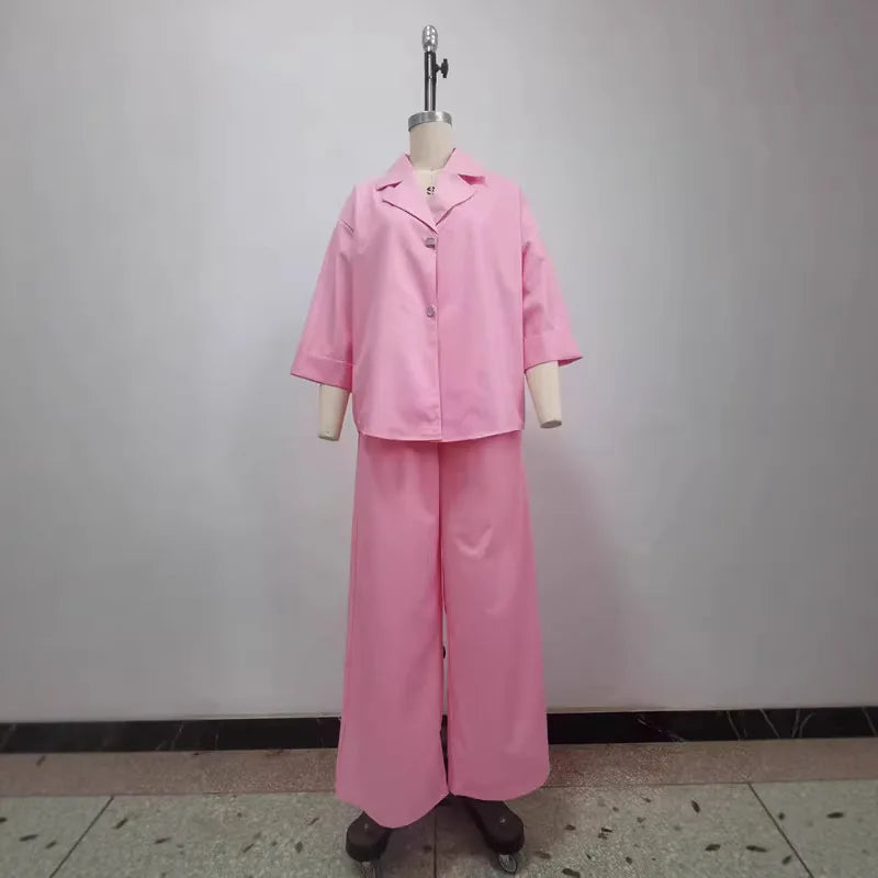 Pant Set Women Two Piece Sets Turn Down Collar Full Sleeve Shirt Wide Leg Long Pants High Waist  Streetwear Casual Loose