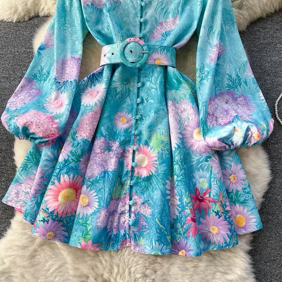 High Quality Floral Print Belted Long Flare Sleeve Stand Collar Flower Mini Dress