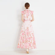 High Quality Sleeveless Ruffle Belted Flower Maxi Dress