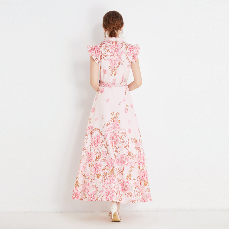 High Quality Sleeveless Ruffle Belted Flower Maxi Dress