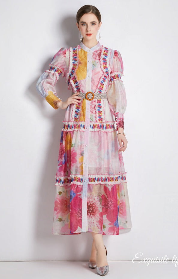 High Quality Belted Lantern Sleeve High Neck Flower Print Dress