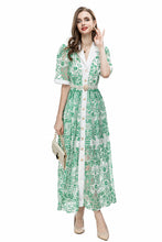 High Quality Vintage Lapel Buttons Lace Embroidery Bodycon Maxi Dress