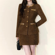 Elegant slimming high waist beaded coat and short flared skirt two-piece set