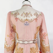 Floral print dress with long sleeves, high neck, and belt, high quality midi length