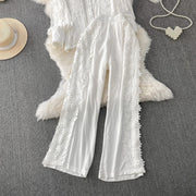 Women Lace Patchwork Pants Set Single Breasted Long Sleeved Shirt Elastic Waisted Trousers Suit Summer Female 2 pieces Sets