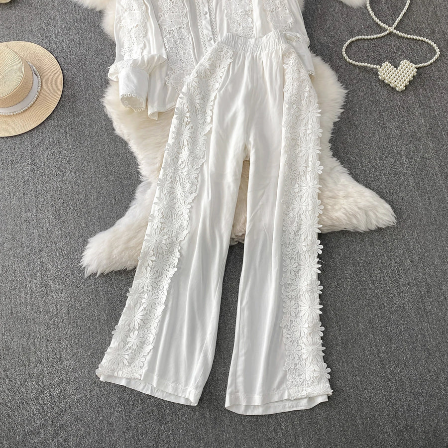 Women Lace Patchwork Pants Set Single Breasted Long Sleeved Shirt Elastic Waisted Trousers Suit Summer Female 2 pieces Sets
