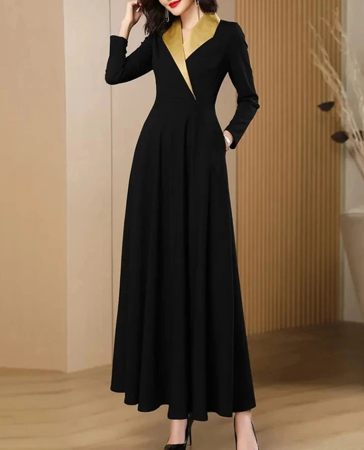 Elegant long sleeve formal dress with high quality midi pocket Black / M Elegant long sleeve formal dress with high quality midi pocket Black / M