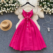 High-quality A-line dress with straps, V-neck, sleeveless, elegant fitted waist