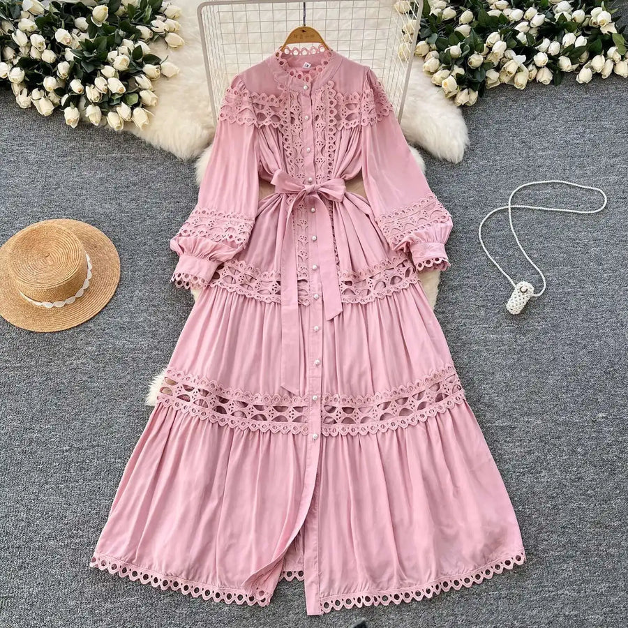 Elegant retro style slit maxi dress with pearl buttons and high-quality crochet embroidery