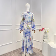 Women High Quality  Elegant Light Blue Flowers Print Cut Out Knot Front Long Sleeve Midi Dress