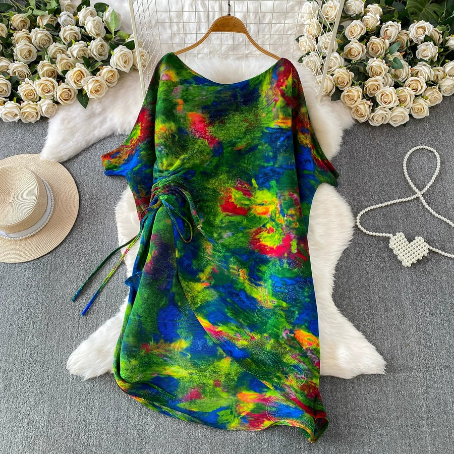 Loose Fit Miyake Style Pleated Matching Suit Women Oversized Bat Sleeve Drawstring Print Tunic + Pleated Wide Leg Pants Set