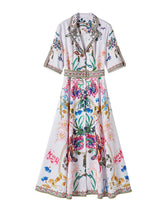 Long short-sleeved dress with flower print and high-quality belt