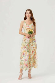 Long dress with open back and sexy A-line cut with high-quality flowers and embroidered lace