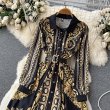 High Quality Gold Floral Print Belt Full Sleeve Single Breasted Maxi Dress