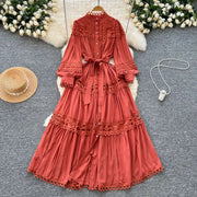 Elegant retro style slit maxi dress with pearl buttons and high-quality crochet embroidery