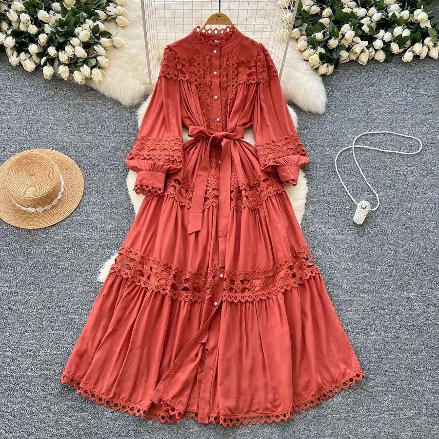 Elegant retro style slit maxi dress with pearl buttons and high-quality crochet embroidery