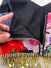 Summer Holiday Jacquard Spaghetti Strap Diamonds Tassels Bra Crop Top+Floral Print Mini Skirt Suits Beach Sexy 2 Pieces Sets