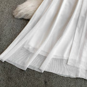 Celebrities Metal Buckle Square Collar with Chest Pad Dress Women's High-end Lace Splicing Mesh Yarn Streamer Elegant Long Dress